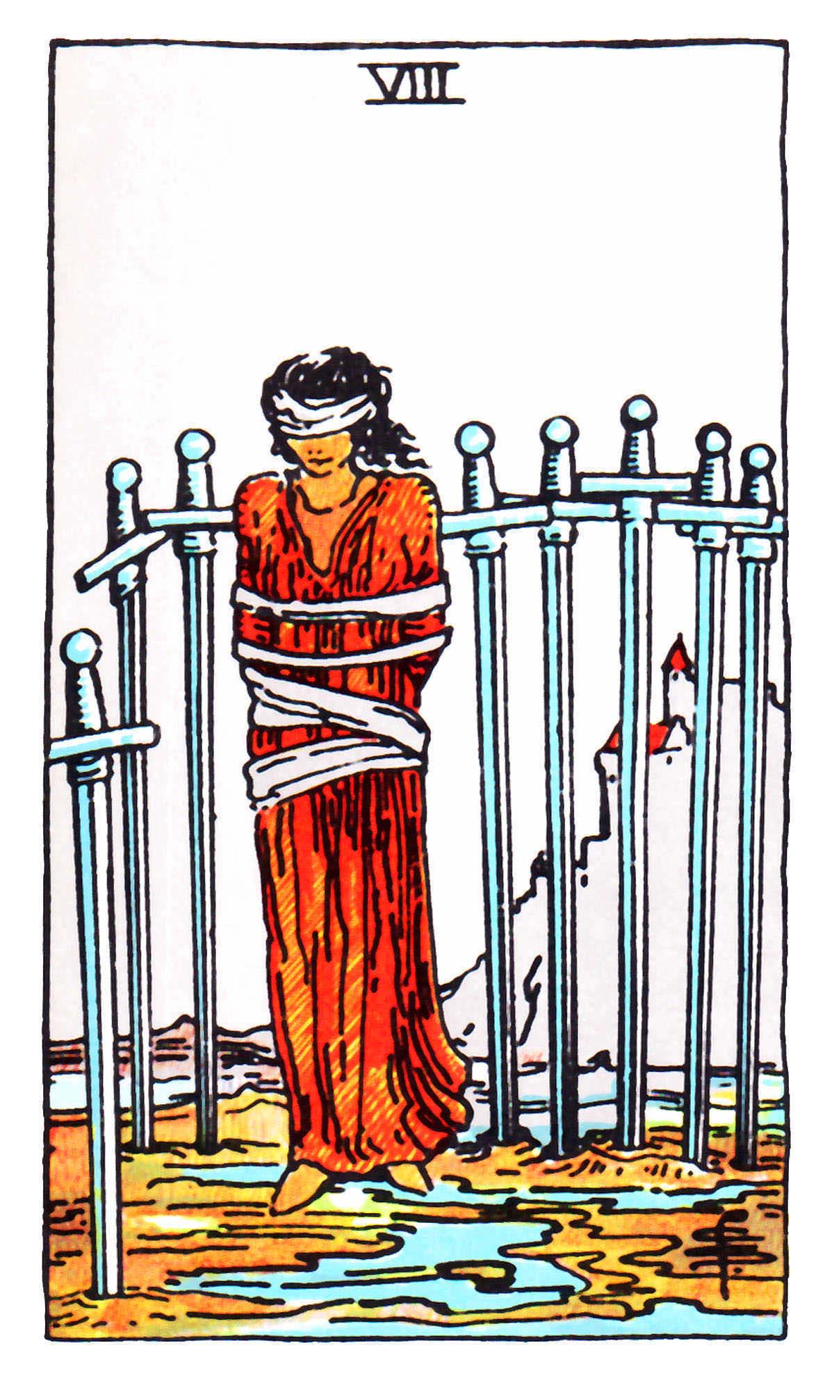 Eight of Swords: The Rider-Waite Tarot (1909) | Pamela Colman-Smith
