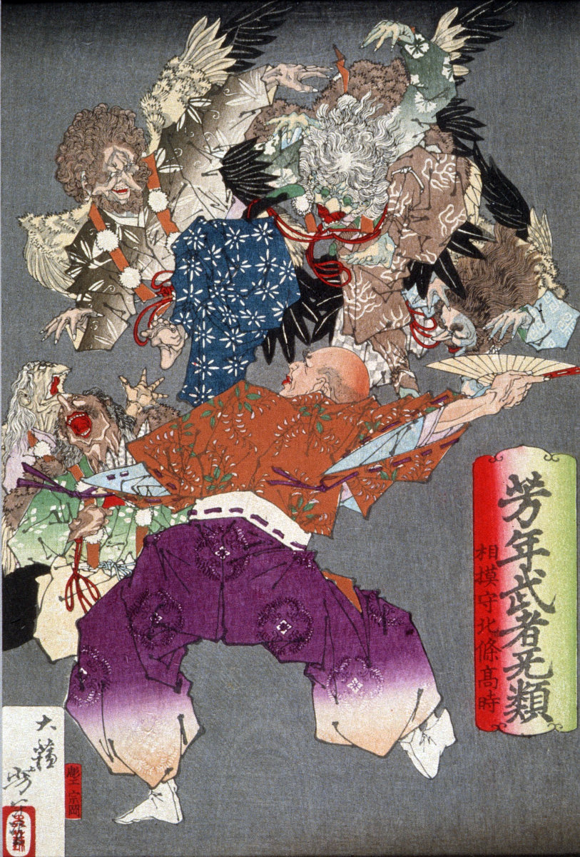 Hōjō Takatoki, Lord of Sagami, Warding Off Tengu with His Fan (1883) | Tsukioka Yoshitoshi